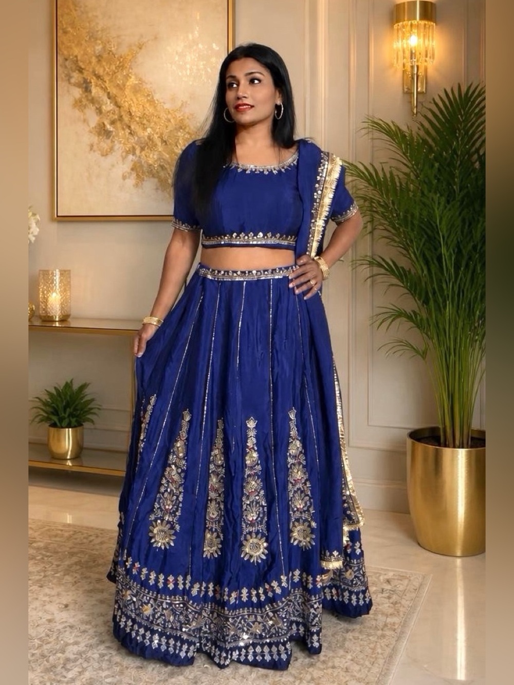 Designer Royal Blue Embroidered Lehenga Skirt blouse Dupatta Set Women's Medium